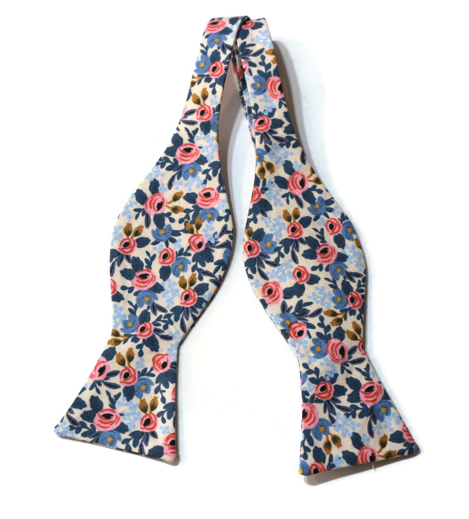 Periwinkle Rosa Floral Bow Tie, handcrafted neckties, men’s bow ties, unique bow tie patterns, handmade accessories USA