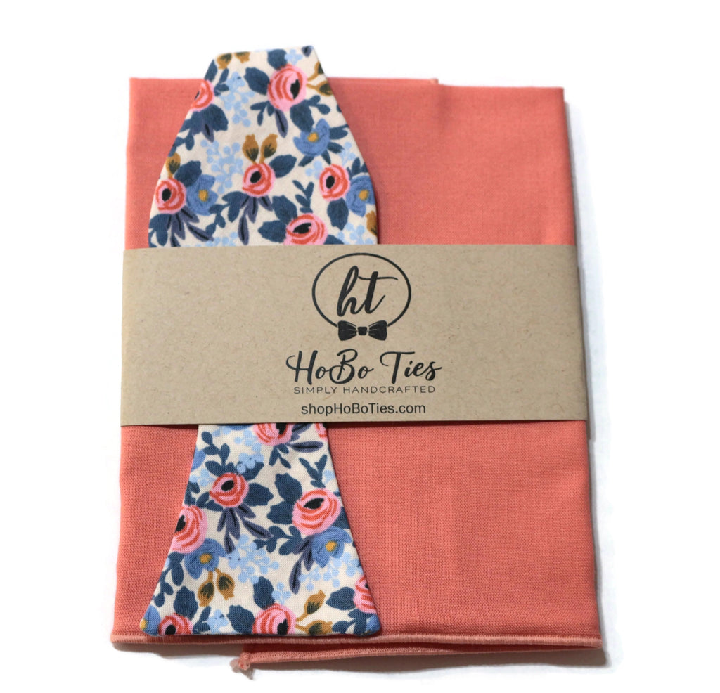 Periwinkle Rosa Floral Bow Tie with peach pocket square, handcrafted neckties and handmade bow ties by HoBo Ties.