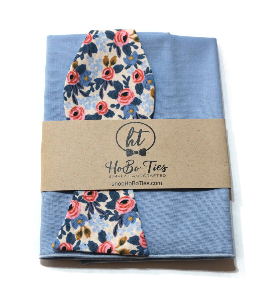 Periwinkle Rosa Floral Bow Tie with matching pocket square, handcrafted neckties and handmade bow ties by HoBo Ties.