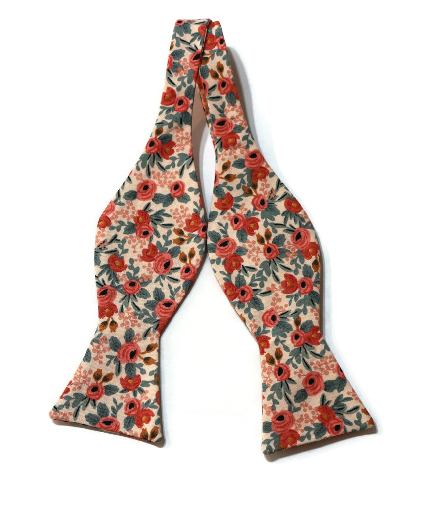 Peach Rosa Floral Bow Tie, handcrafted neckties and handmade bow ties for men and boys, perfect wedding accessories.