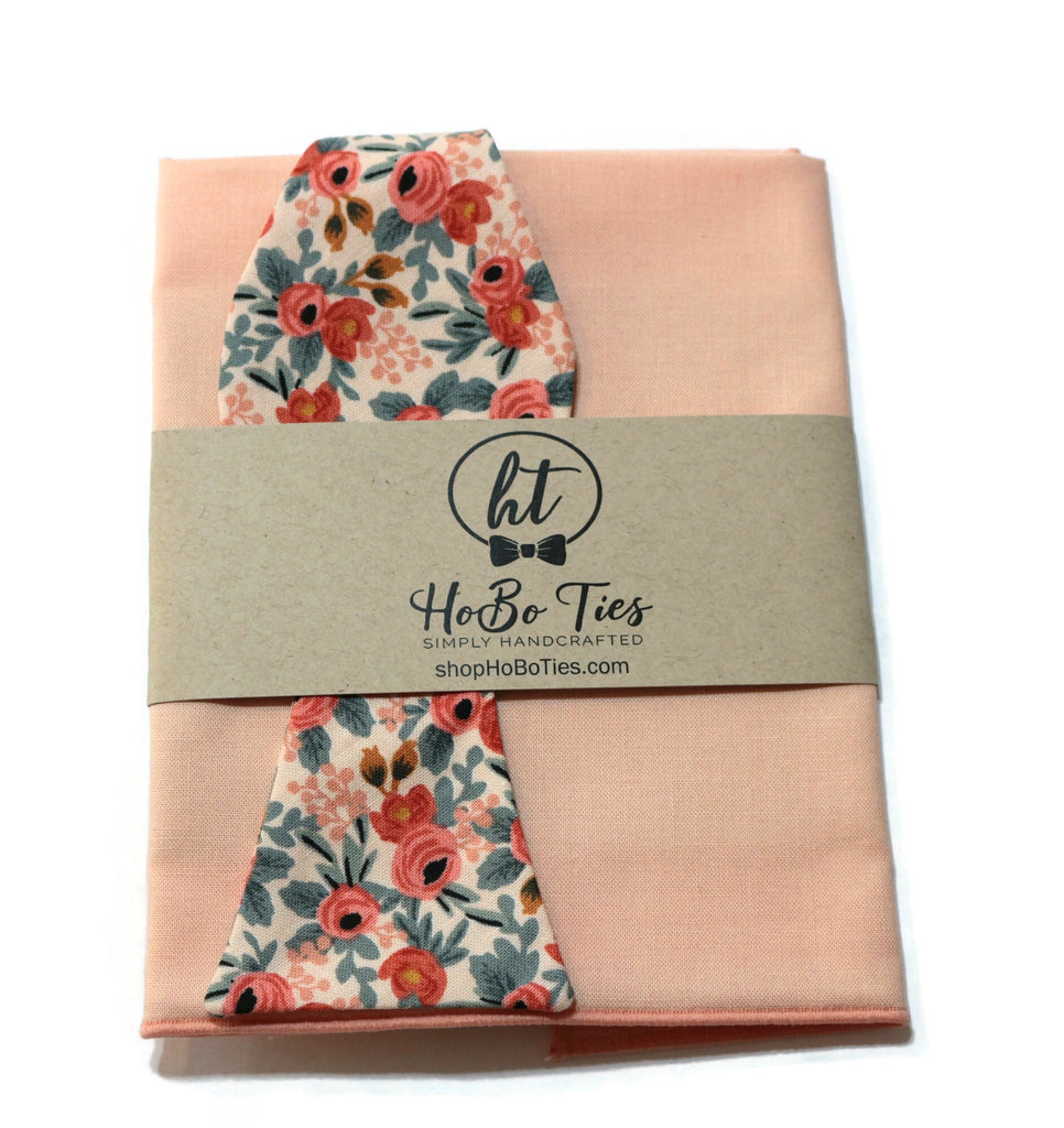 Peach Rosa Floral Bow Tie with matching pocket square, perfect for weddings and formal events, handcrafted neckties.