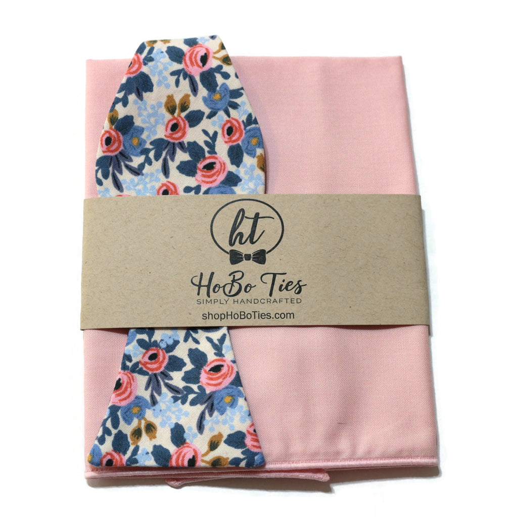 Periwinkle Rosa Floral Bow Tie with matching pocket square and packaging, ideal for men's formal wear accessories.