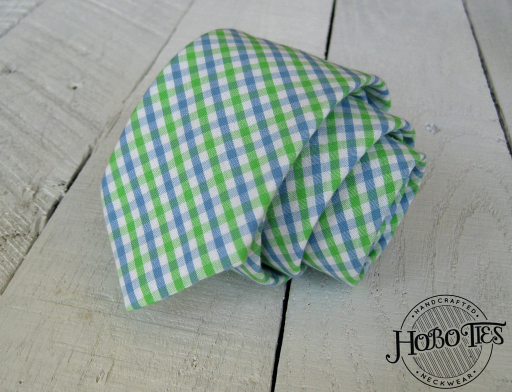 Cornflower & Lime Tattersall Necktie, handcrafted neckties made from cotton, ideal for men's formal wear accessories.