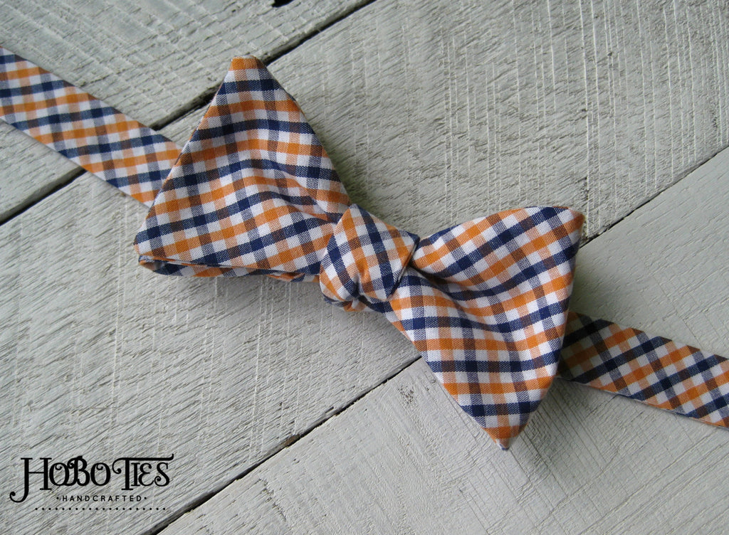 Navy Blue & Orange Tattersall Check Bow Tie, handcrafted neckties, handmade bow ties, unique bow tie patterns