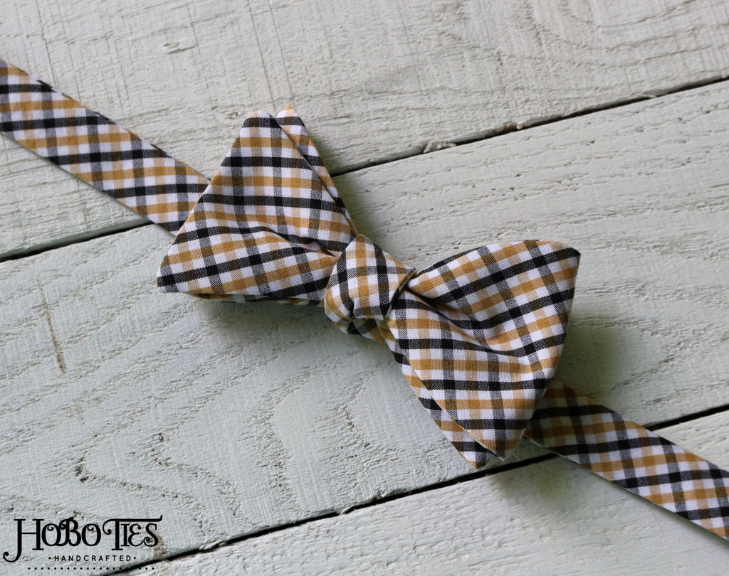 Black & Gold Tattersall Bow Tie, handcrafted neckties, men’s bow ties, custom men’s neckwear, unique bow tie patterns.