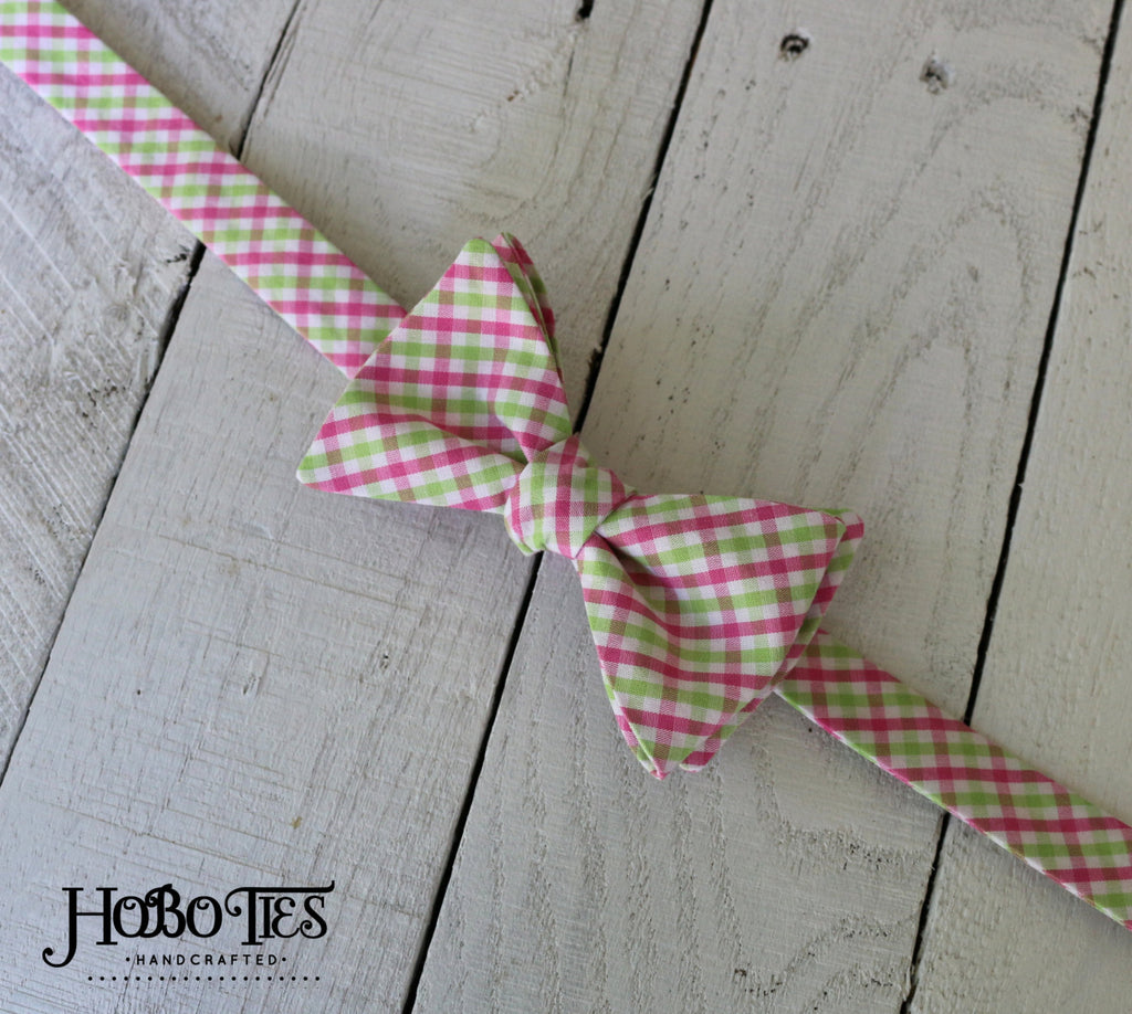 Pink & Green Tattersall Bow Tie handcrafted with attention to detail for men's formal wear accessories.