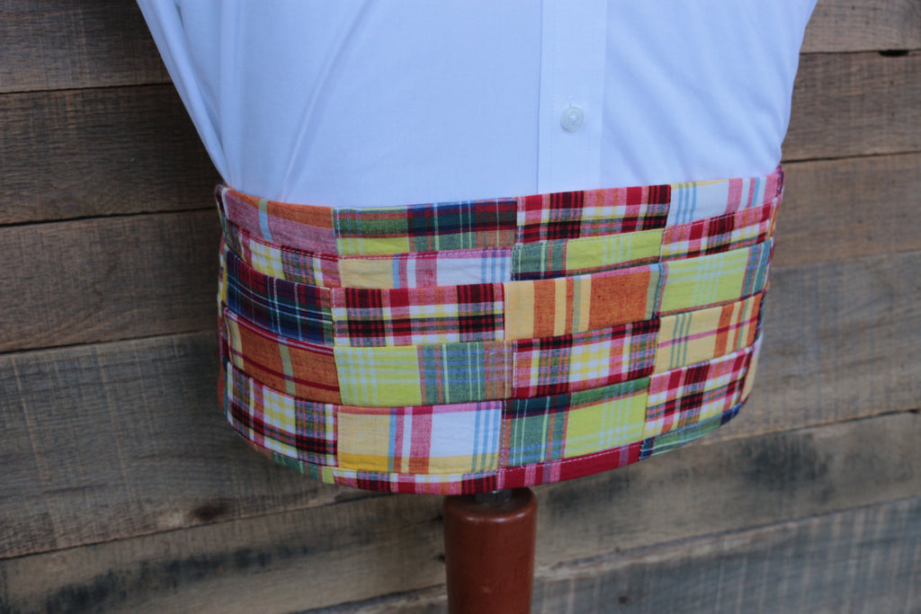 Red & Yellow Madras Patchwork Plaid Cummerbund & Bow Tie showcased on a white dress shirt for men's formal wear.