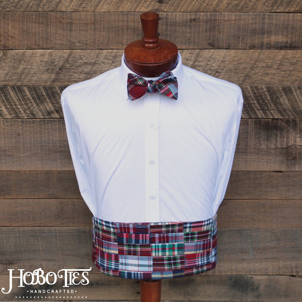 Red Madras Patchwork Plaid Cummerbund & Bow Tie displayed on a mannequin, showcasing handcrafted elegance.