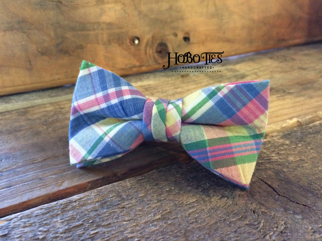 Easter Plaid Seersucker Bow Tie - Boys handcrafted with colorful plaid fabric, perfect for formal wear and weddings.