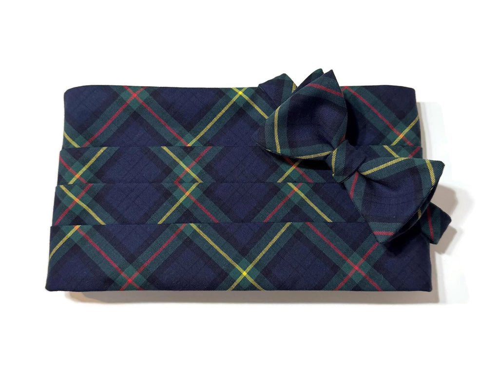 Men’s Navy & Green Plaid Cummerbund and Bow Tie Set | Classic Tartan Formalwear for Weddings, Proms & Black-Tie Events