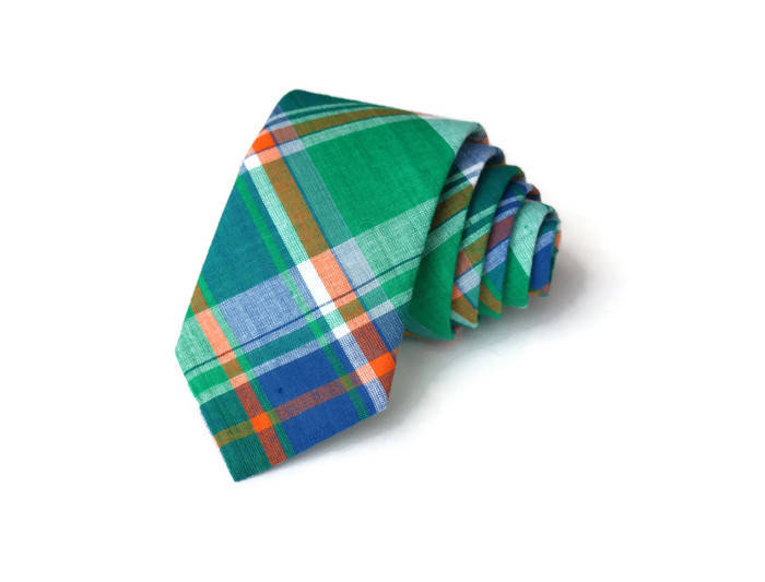 Green, Orange, & Blue Madras Plaid Necktie