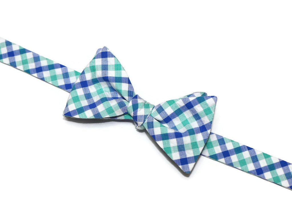 Green & Blue Seersucker Plaid Bow Tie