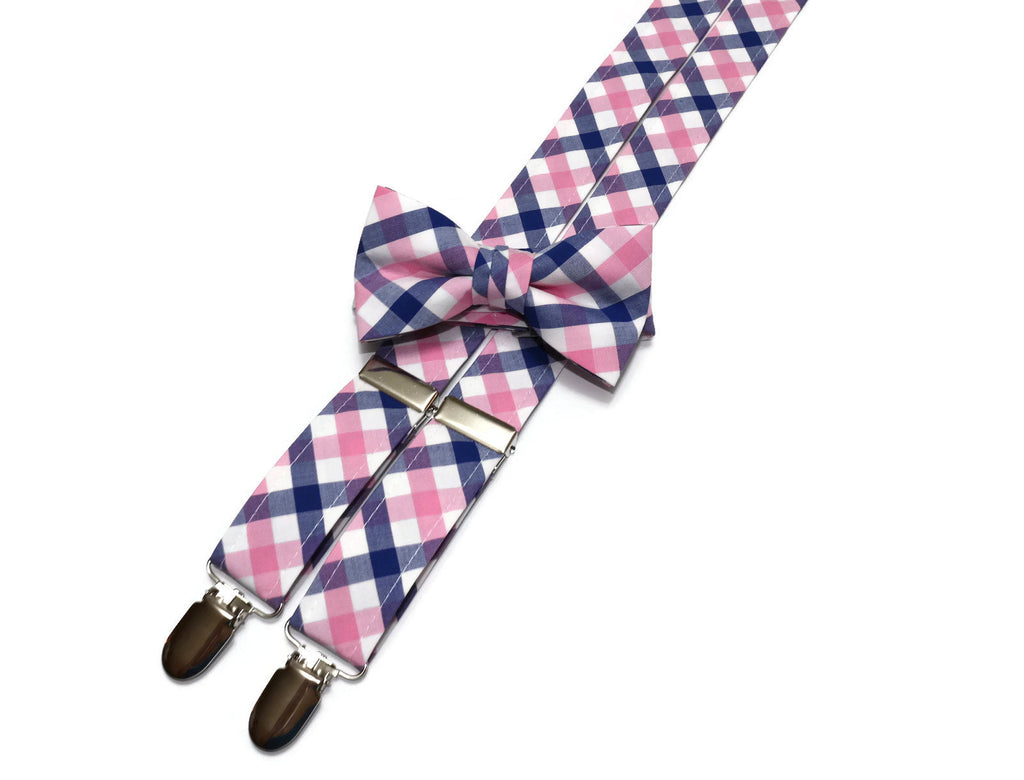 Pink & Blue Tattersall Check Suspenders - Boys