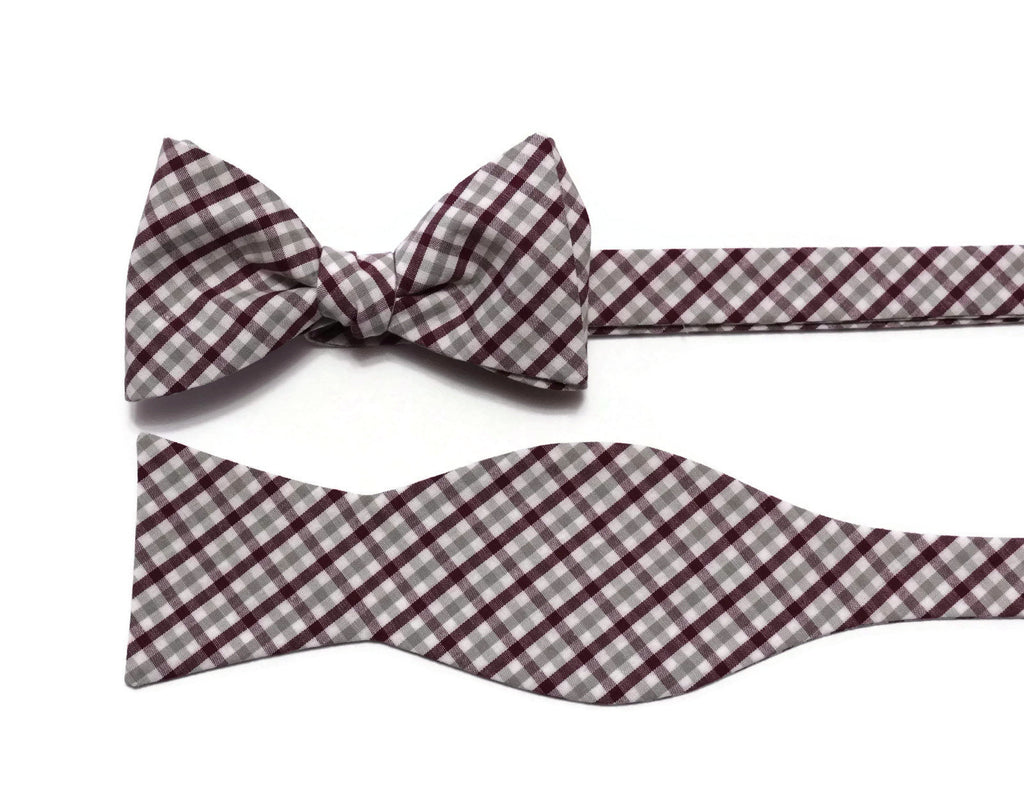 Burgundy & Gray Tattersall Check Bow Tie